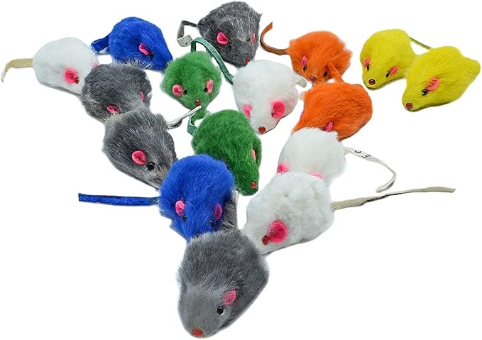 20 PCS Furry Squeak Mouse Rattle Sound Plush Mice Fur Interactive Catch Play Catcher Pet Kitten Cat Toys (Random Color)