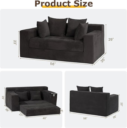 Convertible Sofa Bed, 3 in 1 Loveseat Folding Couch Bed Foldable - Chaise Lounge Chair & Floor Futon Sleeper, Corduroy Pull Out Sofa Bed with 4 Pillows for Living Room, Black