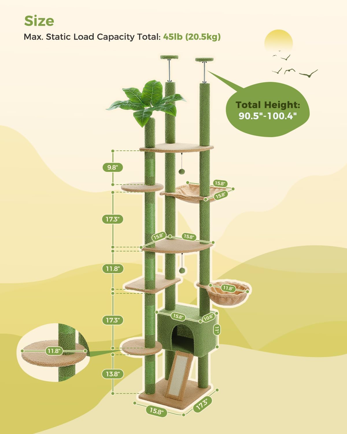 PEQULTI Tall Cat Tree, Floor to Ceiling Cat Tree Tower Adjustable [90.5''-100.4''=230-252CM] with Cat Condo, Cat Hammock and Scratching Post, Climbing Tree for Indoor Large Cats, Green