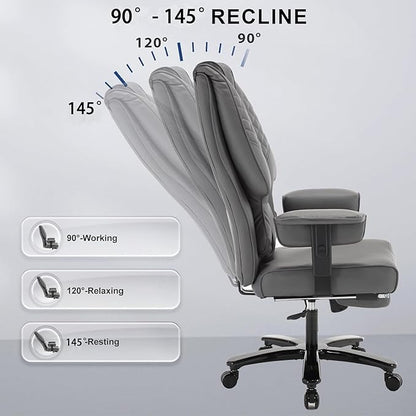 KCREAM 500lb Big and Tall Reclining Office Chair with Footrest, PU Leather Executive Computer Chair with Wheels Recliner Home Desk Chairs with Lumbar Support Swivel Task Chair for Heavy People,Grey