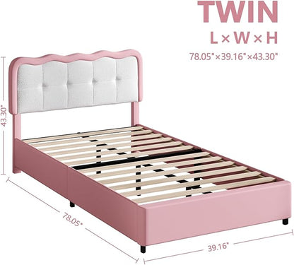 BarnFurin Twin Bed Frame with LED Lights, Twin Size Bed Frame with Cloud Headboard LED Lights, Cloud Bed with Headboard for Kids, No Box Spring Required, Easy Assembly, Pink
