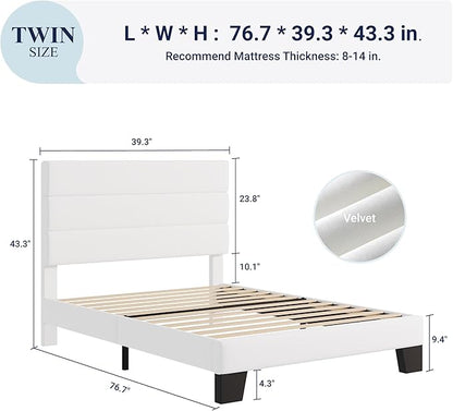 Allewie Twin Size Platform Bed Frame with Velvet Upholstered Headboard and Wooden Slats Support, Fully Upholstered Mattress Foundation/No Box Spring Needed/Easy Assembly, White