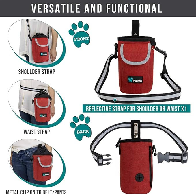 PetAmi Dog Treat Pouch, Large Pet Training Treat Pouch with Pocket, Dog Trainer Essentials Supply Holder with Poop Bag Dispenser, Training Bag for Kibbles Toys, 3 Ways to Wear (Red)