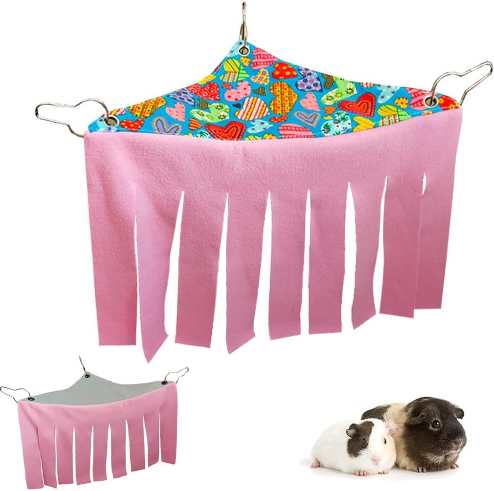 RIOUSSI Guinea Pig Hideout Hideaway Corner Fleece Toys Cage Accessories with Reversible Sides, Heart/Gray+Pink x 1 Curtain