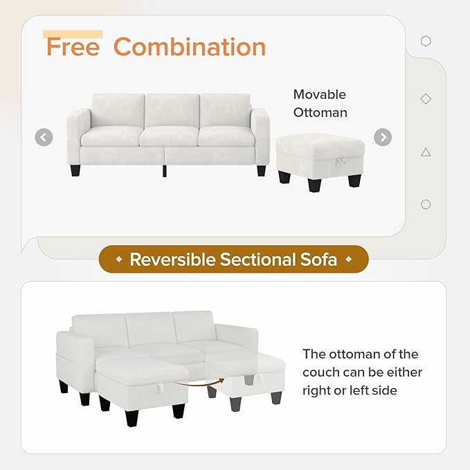 Sectional Sofa Couches for Living Room - 78''Convertible Modular Three-Seater L-Shaped Pet-Friendly Couch,Washable Sofa Cover-Bench Storage, Suitable for Small Living Room, Apartment,Office-White