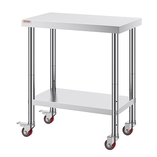 Mophorn 30x18x34 Inch Stainless Steel Work Table 3-Stage Adjustable Shelf with 4 Wheels Heavy Duty Commercial Food Prep Worktable with Brake for Kitchen Prep Work