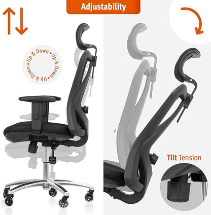 Ergonomic Office Chair - Adjustable Desk Chair with Lumbar Support and Rollerblade Wheels - High Back Chairs with Breathable Mesh - Thick Seat Cushion, Head, and Arm Rests - Reclines (Black)