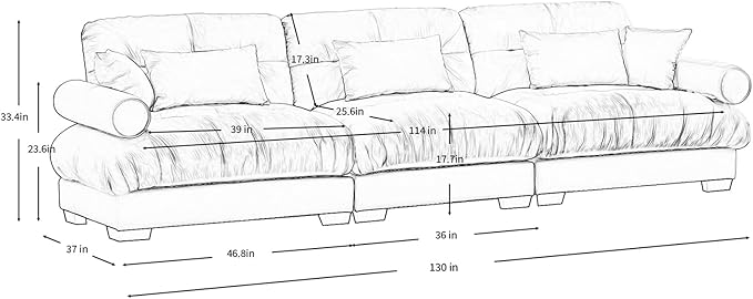 130" Oversized Couch, 3 Seater Modular Sectional Sofa, Olive Large Sectional Couches for Living Room, Fluffy Couch Set, 3 Seater Velvet Cloud Couches with 5 Pillows, Deep Seat Sofas for Living Room