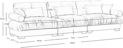 130" Oversized Couch, 3 Seater Modular Sectional Sofa, Olive Large Sectional Couches for Living Room, Fluffy Couch Set, 3 Seater Velvet Cloud Couches with 5 Pillows, Deep Seat Sofas for Living Room