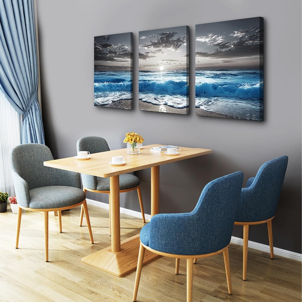 TTHYUEWS Black And White Beach Pictures Large Wall Decor For Living Room Canvas Wall Art For Bedroom Modern Office Decorations Blue Sea Wave Ocean Paintings Artworks Canvas Art Home Decor 3 Pieces