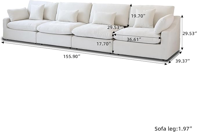 WJShome 160" Cloud Couch Sectional for Living Room, Down Filled Modular Sectional Sofa,4 Seater Convertible Couch, Sofa Covers Washable&Replaceable,White