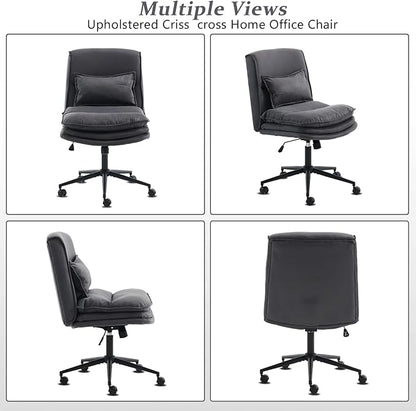 VINGLI Cloud Criss Cross Legged Chair,18" High Back Armless Home Office Desk Chair with Wheels,Wide Adjustable Comfy Padded Seat Task Computer Chair,Modern Swivel Makeup Vanity Chair,Microfiber,Grey