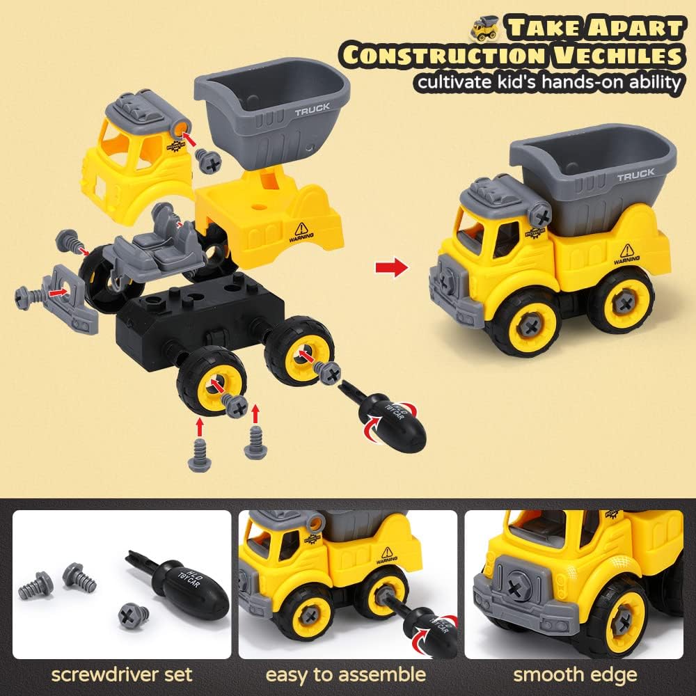 OENUX Play Sand Construction Set, Beach Building Castle Kit w/ 2.2lbs Play Sand, 4 Take Apart Construction Trucks Toys and Signs, Sensory Sandbox with Cover for Boy Girl Kid Toddlers Age 3-8
