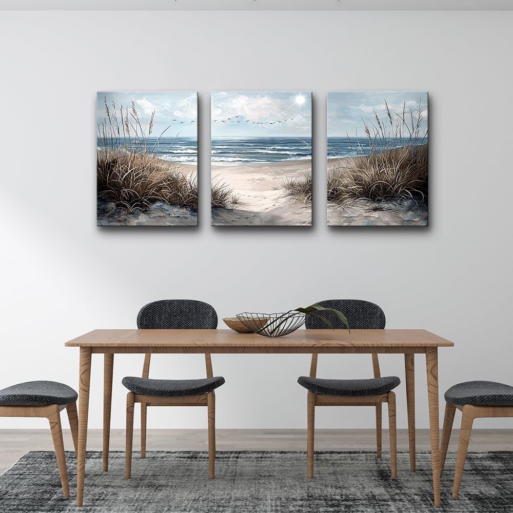 TTHYUEWS Canvas Wall Art For Living Room Wall Decor For Bedroom Modern Office Canvas Art Office Decor Blue Sea Beach Wall Paintings Prints Pictures Artwork Ready To Hang Home Decor 16" X 24"3 Piece
