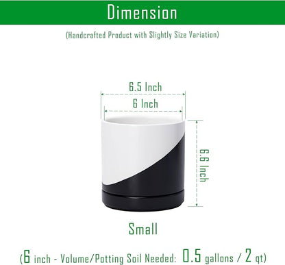 D'vine Dev 6.5 Inch Ceramic Planter Pot, Black White Diagonal, 94-O-C-K | Modern Cylinder Design, Drainage Hole & Saucer Included, Stable Structure, Elegant Home Accent