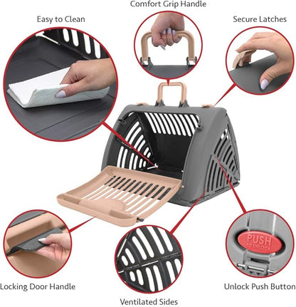 SportPet Designs Foldable Travel Cat Carrier - Front Door Plastic Collapsible Carrier Collection, Waterproof Bed