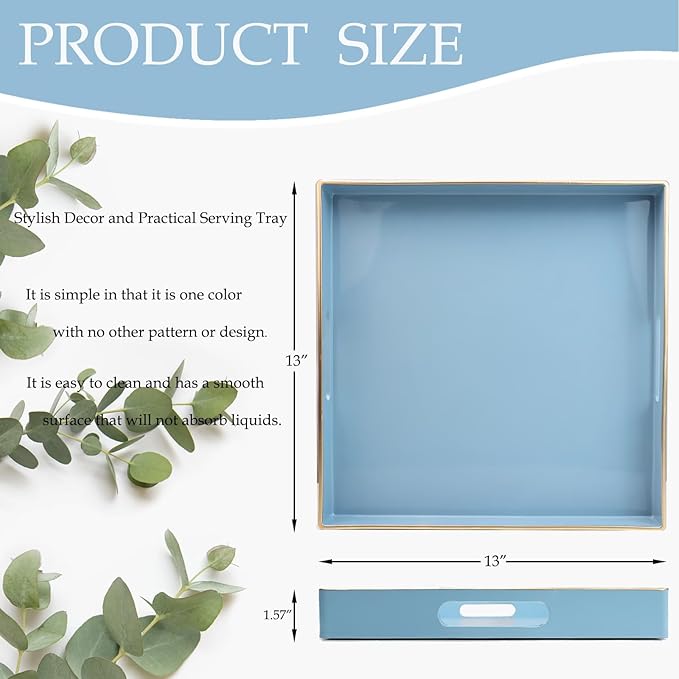 Spsyrine Light Blue Decorative Tray for Living Room, Square Modern Plastic Coffee Serving Table Tray for Ottoman Bathroom Kitchen, 13"*13".
