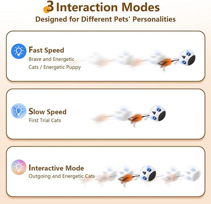 ORSDA Cat Ball Toys, Interactive Cat Toy for Indoor Bored Indoor Cats Kitten Toys, Automatic Electric Bird Moving Ball Toy, 4 Mode Voice & Touch Control Rolling Chirping Stimulating, 2 Feather Tails