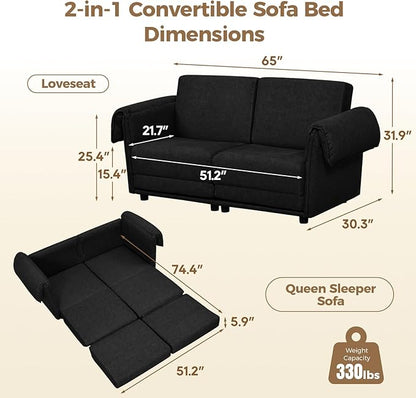 FHFO 65" Loveseat Sleeper Couch for Small Spaces, 3 in 1 Pull Out Sofa Bed Convertible Sleeper Sofa Comfy Sofabed for Living Room, Bedroom, Apartment (Black)