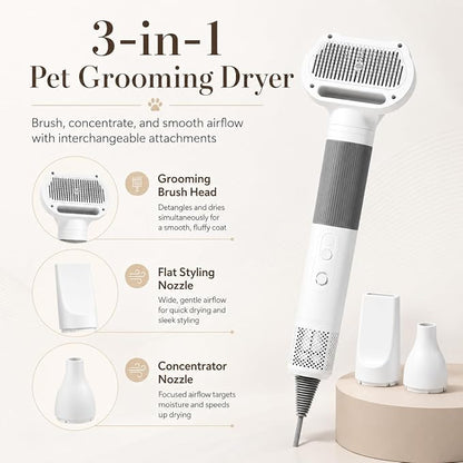 Pet Hair Dryer with Grooming Brush, Dog Blow Dryer, 3-in-1 Cat Blower, Grey | 110,000 RPM Pet Blower with One-Click Hair Removal, 3 Heat & 2 Speed Settings for Professional Home Grooming