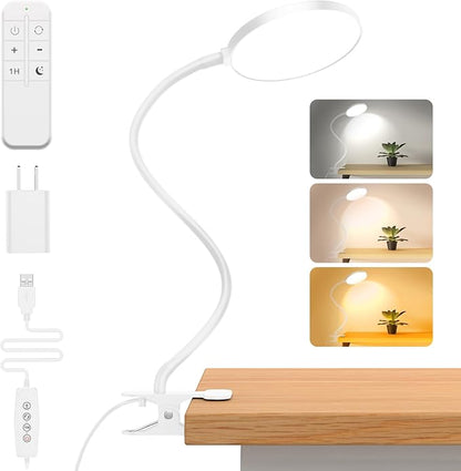 Reading Light with Remote, LED Desk Lamp Clip on [1H Timer & Nightlight] RA>95 Dimmable Flexible Gooseneck, Reading Lamp with Clamp for Table - 4.7'' (Adapter Included)