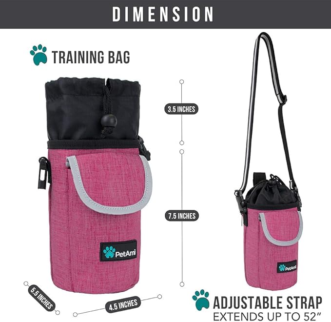 PetAmi Dog Treat Pouch, Large Pet Training Treat Pouch with Pocket, Dog Trainer Essentials Supply Holder with Poop Bag Dispenser, Training Bag for Kibbles Toys, 3 Ways to Wear (Pink)