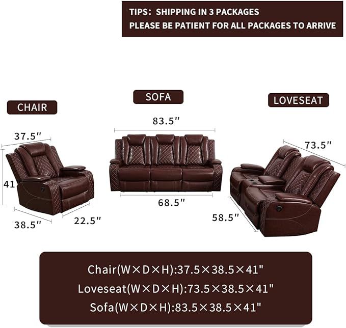 Dekmxas Living Room Furniture Sets, Power Reclining Sofa Set with LED Light, Brown 3-Piece Power Recliner Sofa with Cup Holders, Storage Console, Drop-Down Table for Office/Living Room/Home Theater