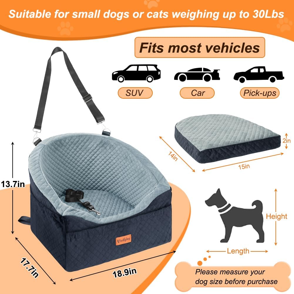 Vivifying Dog Car Seat for Small & Medium Dogs, Detachable & Washable Booster Seat for Pets Up to 30lbs, Travel Bed with Storage Pockets and Safety Belt – Gray&Black