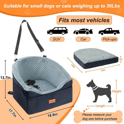 Vivifying Dog Car Seat for Small & Medium Dogs, Detachable & Washable Booster Seat for Pets Up to 30lbs, Travel Bed with Storage Pockets and Safety Belt – Gray&Black