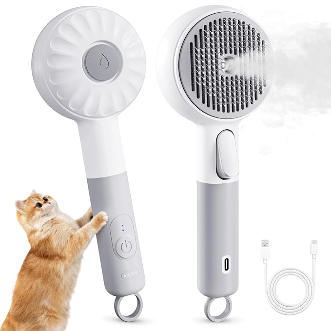 Pet Steam Brush, 3-in-1 Spray Grooming Brush USB Rechargeable, IPX7 Waterproof Deshedding Comb with Self-Cleaning & 2 Speeds for Cats and Dogs with Long Short Hair Cat Brush