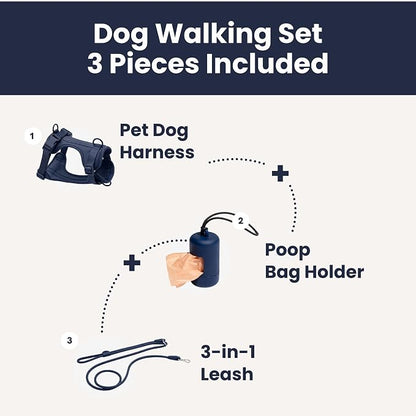 No Pull Dog Harness and Leash Set 3-in-1 Adjustable Anti Pull Dog Harness with Hands-Free Matching Leash,Poop Bag Holder,Easy Walk Dog Harness Extra Small Sized Dog(Navy Blue)