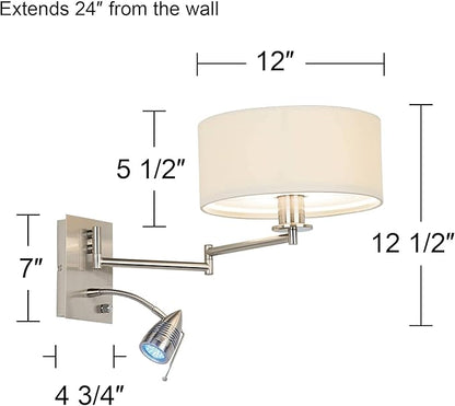 Possini Euro Design Tesoro Modern Swing Arm Wall Mounted Lamp Adjustable LED Brushed Nickel Plug-in Light Fixture Off White Drum Shade for Bedroom Bedside House Reading Living Room Home Hallway