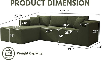 108" Cloud Sectional Couch with L-Shape Chaise,4 Seat Modern Modular Sofa with Deep Seat,Upholstered Couches for Living Room Bedroom, Boneless Couch