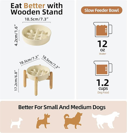 Ceramic 1.2 Cup Dog Raised Slow Feeder Set, Elevated Bowl