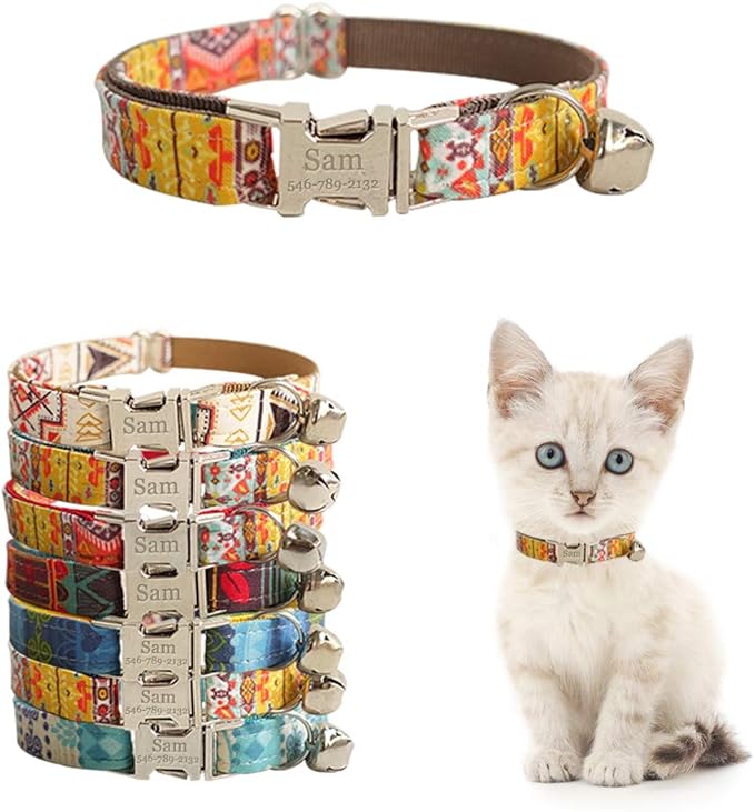 Personalized Cat Collar with Name Plate,Adjustable Tough Nylon Cat ID Collars with Bell,Customize Engraved Pet Name and Phone Number (Ethnic Style)