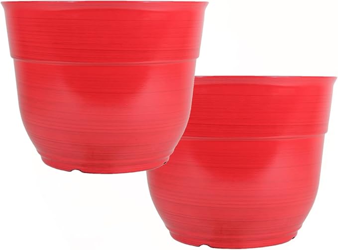 Garden Elements Indoor/Outdoor Glazed Brushed Happy Plastic Planter, Large, Bright Red, 15" (Pack of 2)