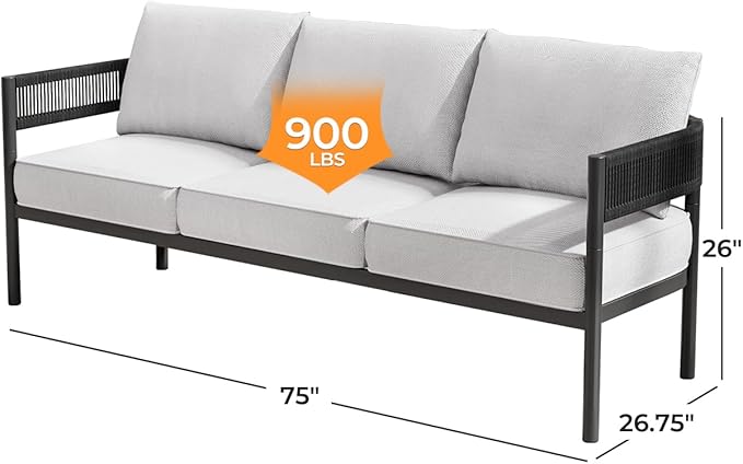 Gand Patio Outdoor 3-Seat Couch Sofa, Wicker Conversation Set with Thick Cushion for Porch, Garden, Yard, Beige