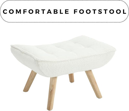 QUINJAY Modern Sherpa Accent Chair with Ottoman Set of 2, Fluffy Upholstered Lounge Chair with Footrest, Comfy Living Room Side Boucle Armchair for Small Space Bedroom, White
