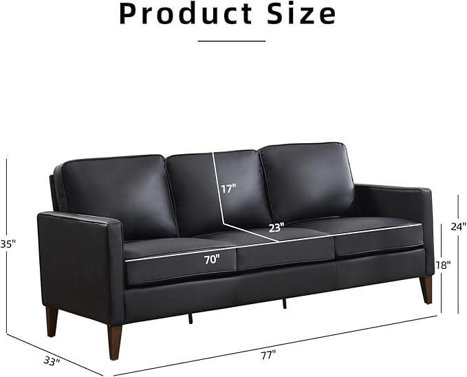 EBELLO 77” Mid Century Modern Sofa Couch, 3 Seater Faux Leather Couches for Living Room, Soft Padded Comfy Cushion, Small Sofa for Small Spaces, Apartment, Bedroom, Black