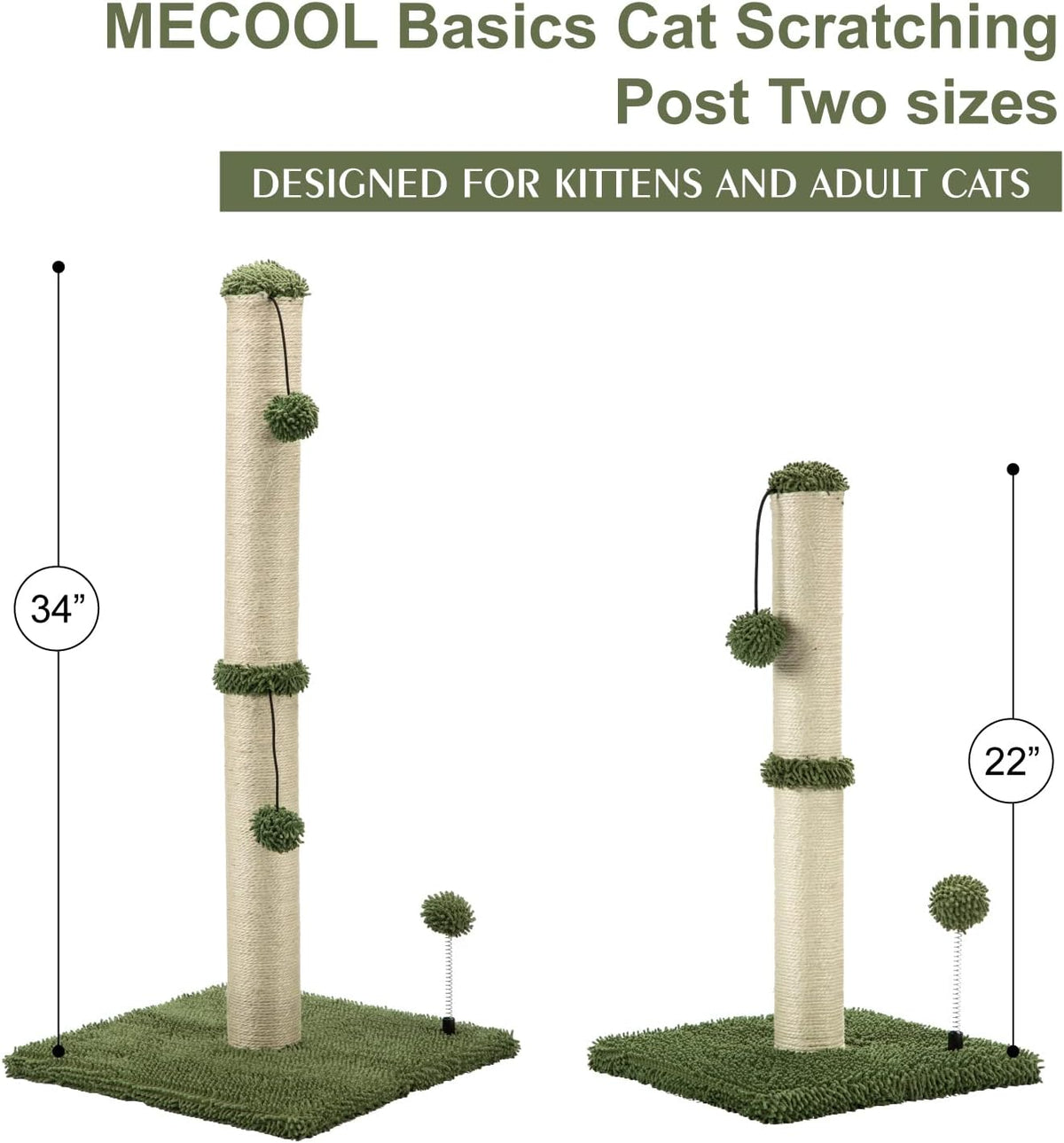 MECOOL 34“ Tall Cat Scratching Post Premium Basics Kitten Scratcher Sisal Scratch Posts Trees with Hanging Ball for Indoor Cats (34 inches for Adult Cats, Cactus Green)