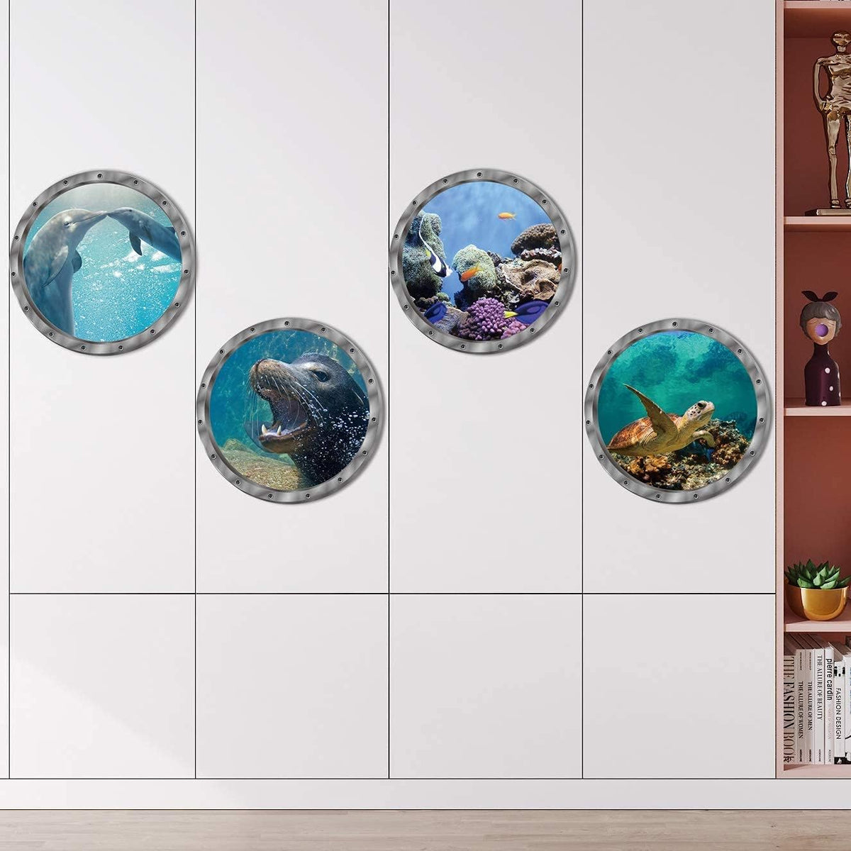 4 PCS Removable 3D Under The Sea Nature Scenery Wall Decals - Animals Wall Sticker Home Wall Art Decor for Bathroom Bedroom Door Kids Baby Nursery Room - Includes Turtles, Dolphins, Sea Lions, Coral