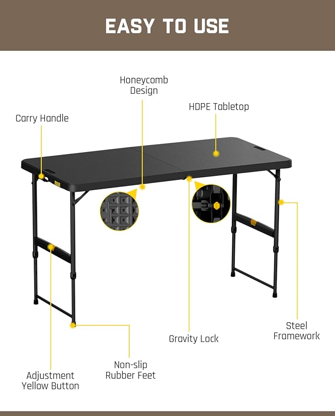 FanttikOutdoor 4ft Portable Folding Table, One-Handed Height Adjustment, 4 Heights, Gravity Lock, Carry Handle, Indoor Outdoor Heavy Duty Fold-in-Half Utility Table, Party, 1 Pack, Black Zeta X4 Pro