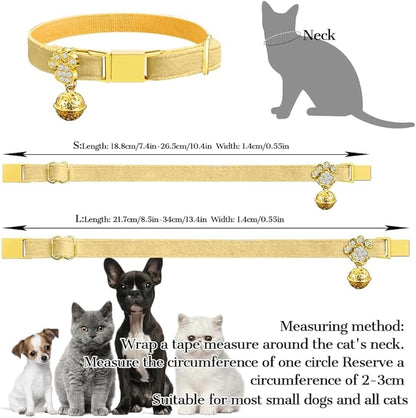 Personalized Breakaway Cat Collars - Magnetic Buckle, Bell - Safety Quick Release, Customized for Girls & Boys Cats- (Velvet-Yellow)
