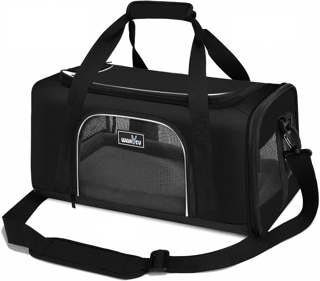 TSA Approved Pet Carrier for Small Medium Cats and Dogs | Dog Carrier with Adequate Ventilation | 4 Mesh Windows, 3 Entrance, Locking Safety Zippers, Padded Shoulder Strap, Black