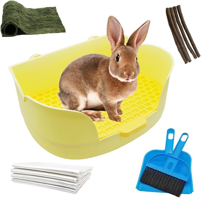 15.1"X11.0" Large Rabbit Litter Box,Plastic Square Rabbits Potty Trainer with Bigger Pan Bunny Corner Toilet Box with Small Animal Disposable Liner for Guinea Pigs Hamster Chinchilla(Yellow)