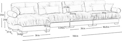 166" Grey Modular Sectional Sofa, 4 Seater Large Sectional Couches for Living Room, Velvet Fabric Oversized Fluffy Cloud Couch with Ottoman, Deep Seat Home Sofas Set, Sofá Moderno, L Shaped