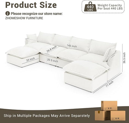 Lopzeho 146” Oversized Cloud Modular Sectional Sofa, Comfy Down Filled Cloud Couch with Removable Cover, 4 Seater Modular Couch with 2 Ottomans, U Shaped Sectional Couches for Living Room, Cream White