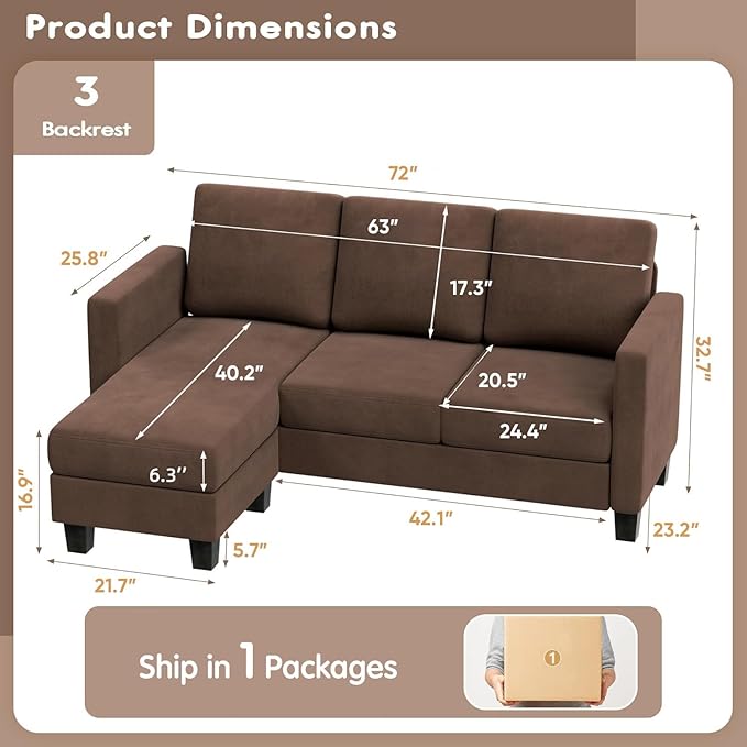 VICTONE Convertible Sectional Sofa Couch, 3 Seat L-Shaped Sofa with Linen Fabric Ottoman Small Couch for Small Apartments, Living Room and Office (Linen Fabric, Brown)