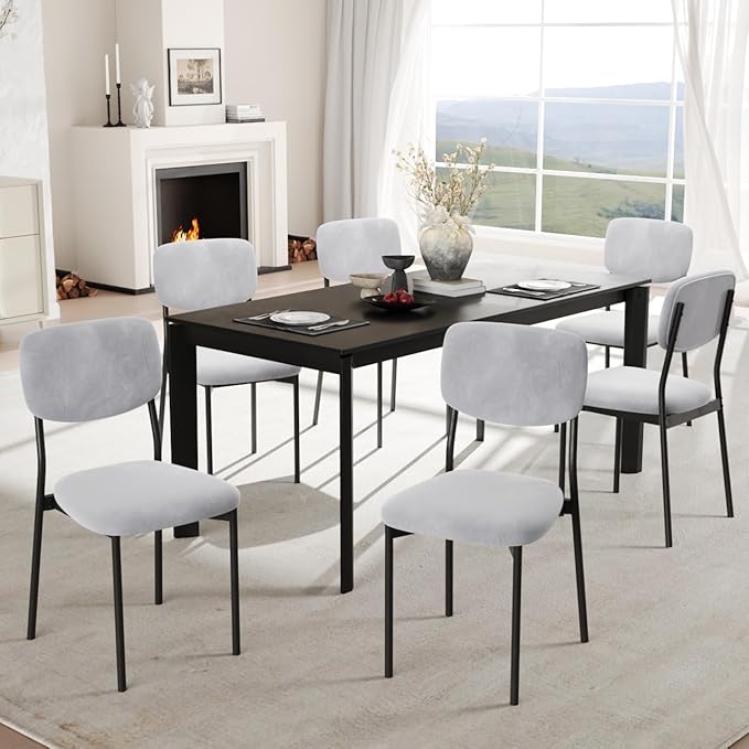Einhomn Upholstered Dining Chairs Set of 6, Stackable Modern Dining Room Chairs, Kitchen Chairs w/Soft Velvet Backrest & Sturdy Metal Legs for Restaurant, Living Room, Light Grey