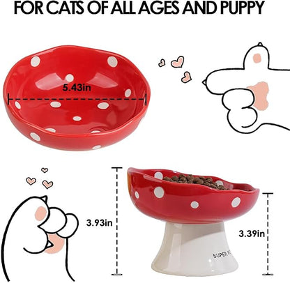 Red and Orange Mushroom Cat Bowl Set, 2PCS Elevated Ceramic Bowls for Cats | Cute Mushroom Set, Elevated, Ceramic, Whisker Friendly, Multi-Cat